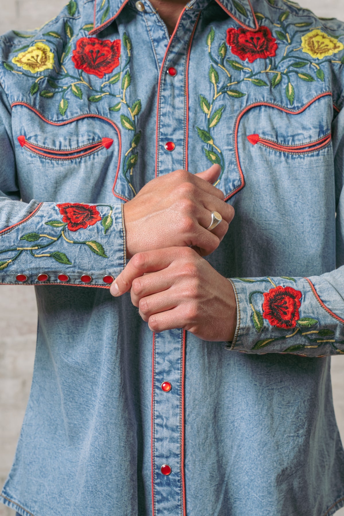 Men's Vintage Denim Floral Embroidered Western Shirt by Rockmount Ranch Wear in vintage blue with embroidered western shirt