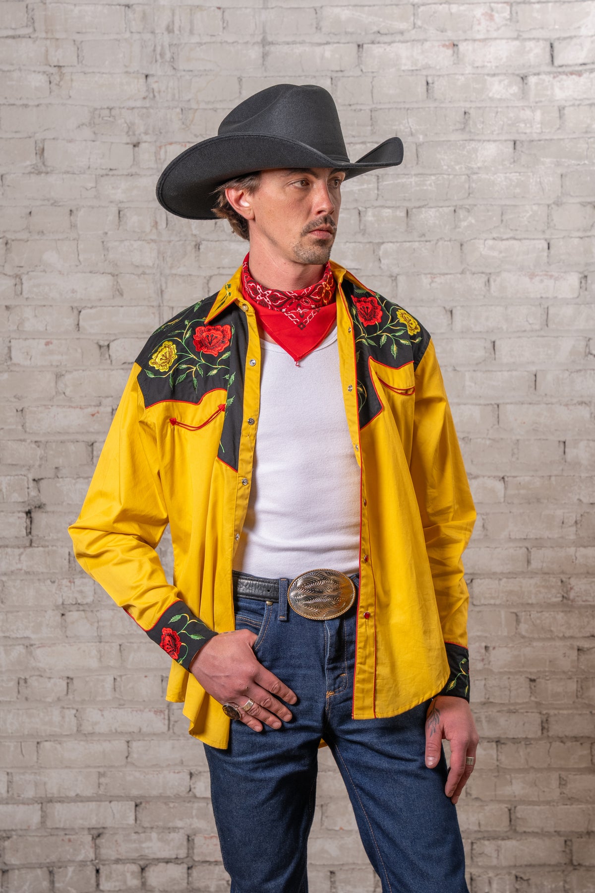 Men's 2-Tone Black Gold Floral Embroidered Western Shirt by Rockmount Ranch Wear with floral embroidery