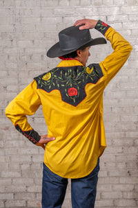Men's 2-Tone Black and Gold Floral Embroidered Western Shirt by Rockmount Ranch Wear, vintage western shirt