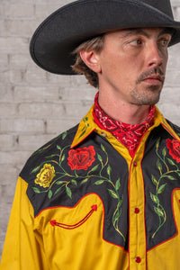 Men's 2-Tone Black and Gold Floral Embroidered Western Shirt by Rockmount Ranch Wear with vintage fringe