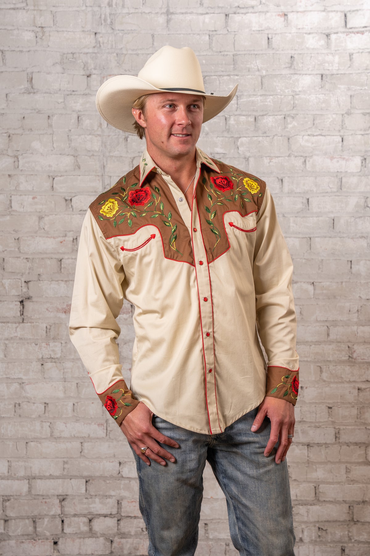 Men's 2-Tone Brown and Tan Floral Embroidered Western Shirt by Rockmount Ranch Wear with floral embroidery