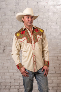 Men's 2-Tone Brown and Tan Floral Embroidered Western Shirt by Rockmount Ranch Wear with floral embroidery