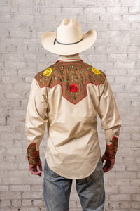 Men's 2-Tone Brown and Tan Floral Embroidered Western Shirt by Rockmount Ranch Wear, vintage floral embroidery