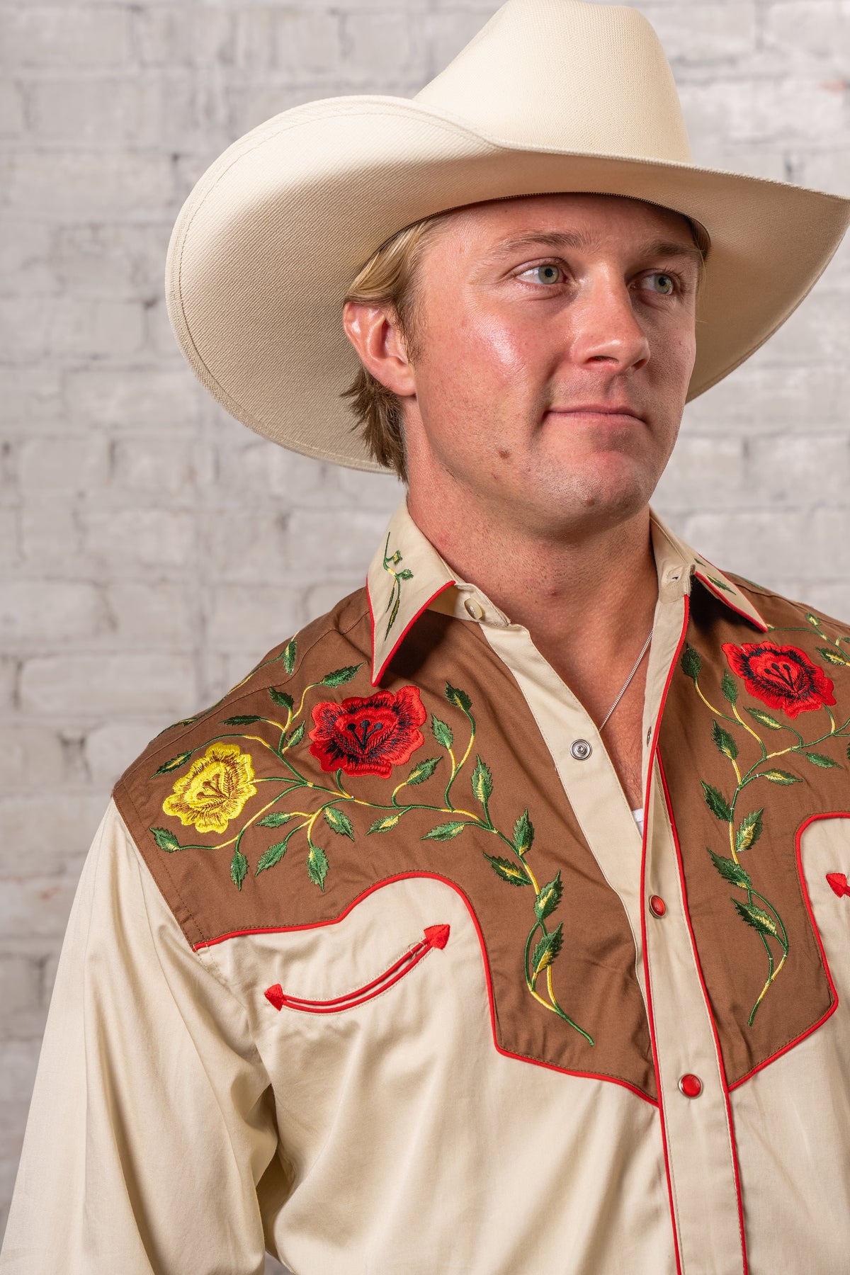 Men's 2-Tone Brown and Tan Floral Embroidered Western Shirt by Rockmount Ranch Wear with floral embroidery