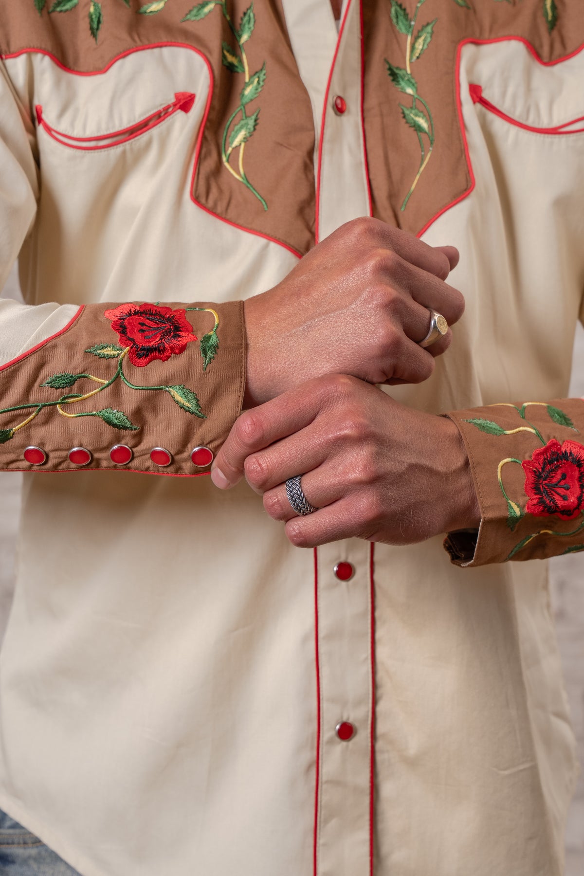 Men's 2-Tone Brown and Tan Floral Embroidered Western Shirt by Rockmount Ranch Wear with floral embroidery