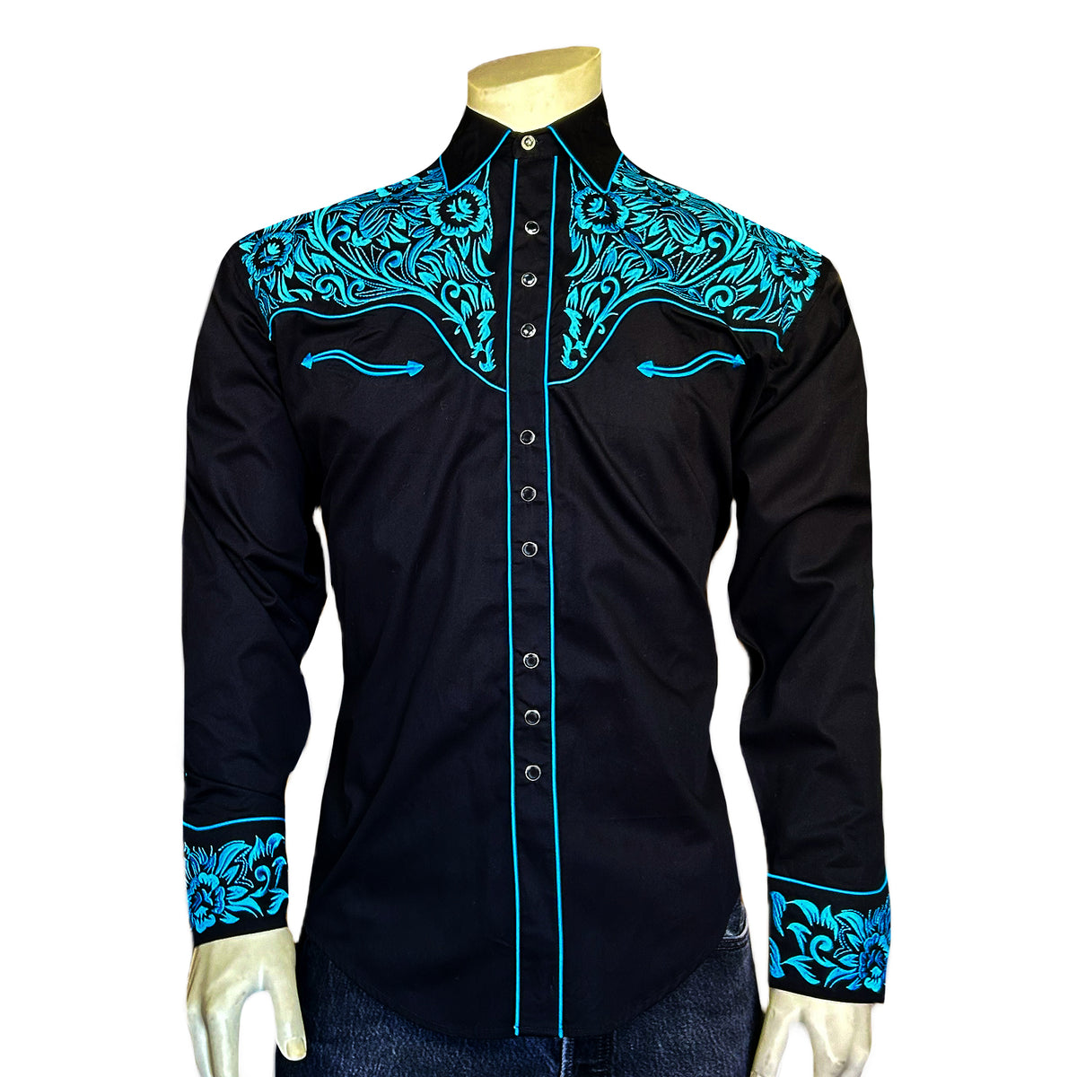 Men's Vintage Black & Turquoise Tooling Embroidered Western Shirt - Rockmount