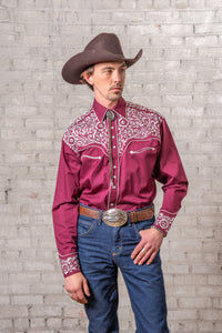 Men's Vintage Burgundy Silver Tooling Embroidered Western Shirt by Rockmount Ranch Wear with embroidered front