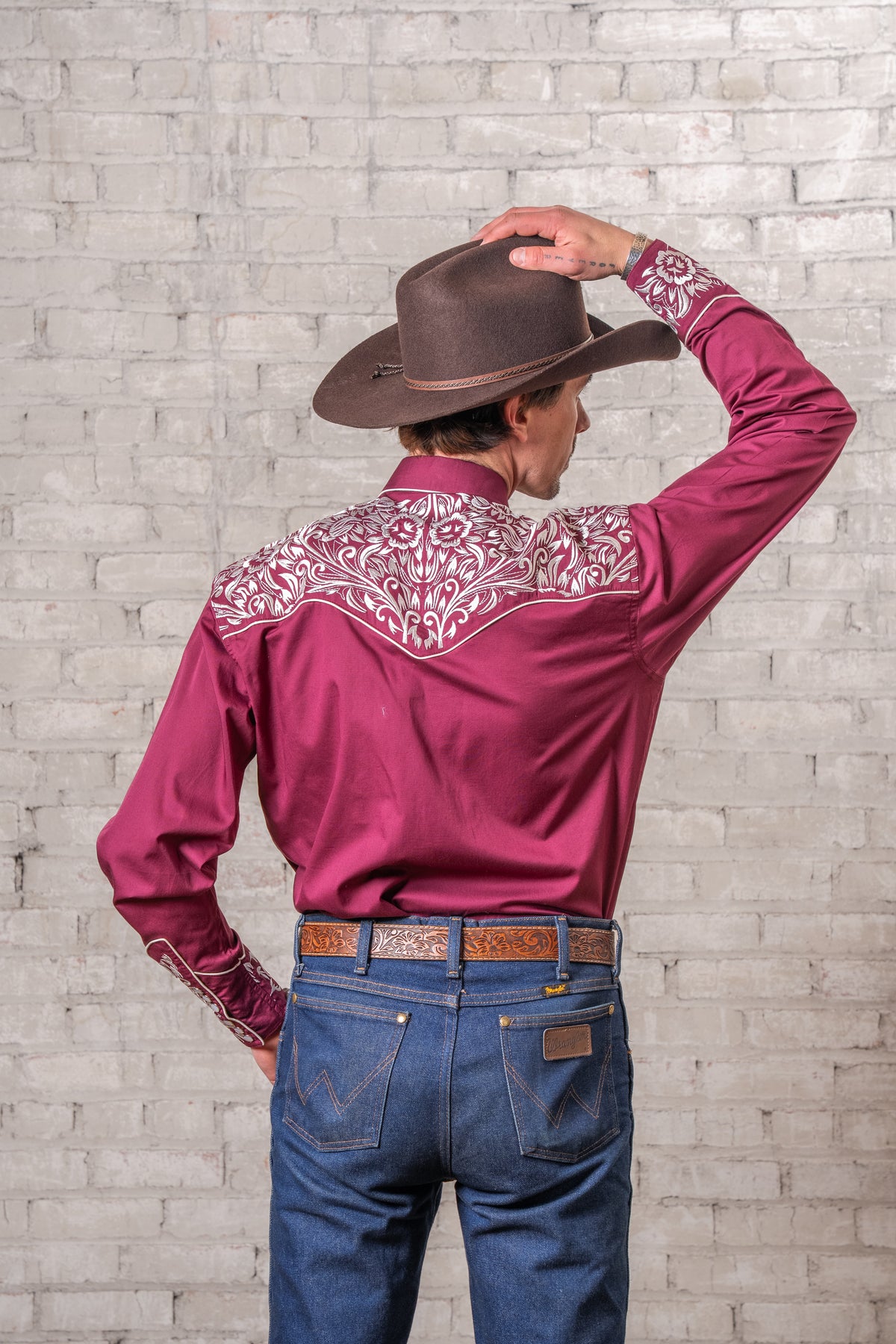 Men's Vintage Burgundy and Silver Tooling Embroidered Western Shirt by Rockmount Ranch Wear with embroidered front