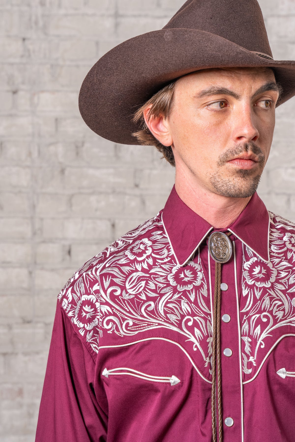 Men's Vintage Burgundy Silver Tooling Embroidered Western Shirt by Rockmount Ranch Wear with embroidered front