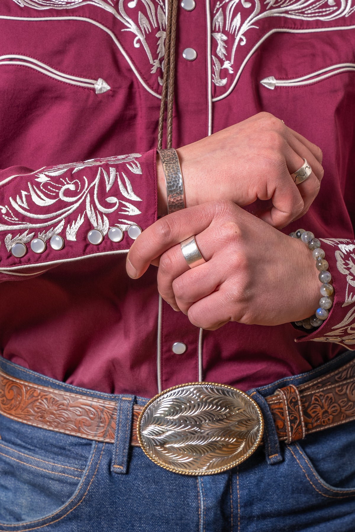Men's Vintage Burgundy Silver Tooling Embroidered Western Shirt by Rockmount Ranch Wear with snap buttons