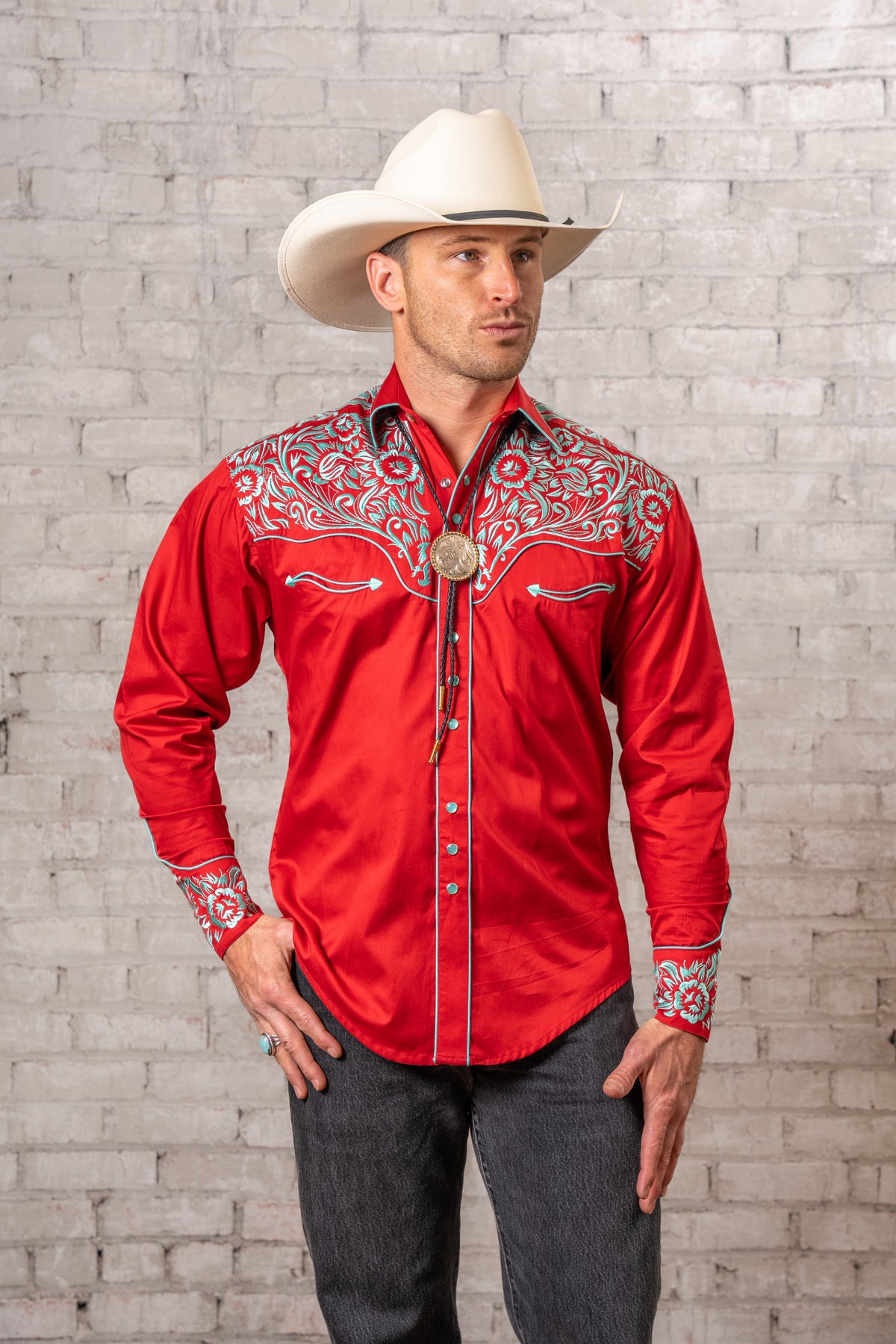 Men's Vintage Coral and Turquoise Tooling Embroidered Western Shirt by Rockmount Ranch Wear with embroidered floral saddle tooling