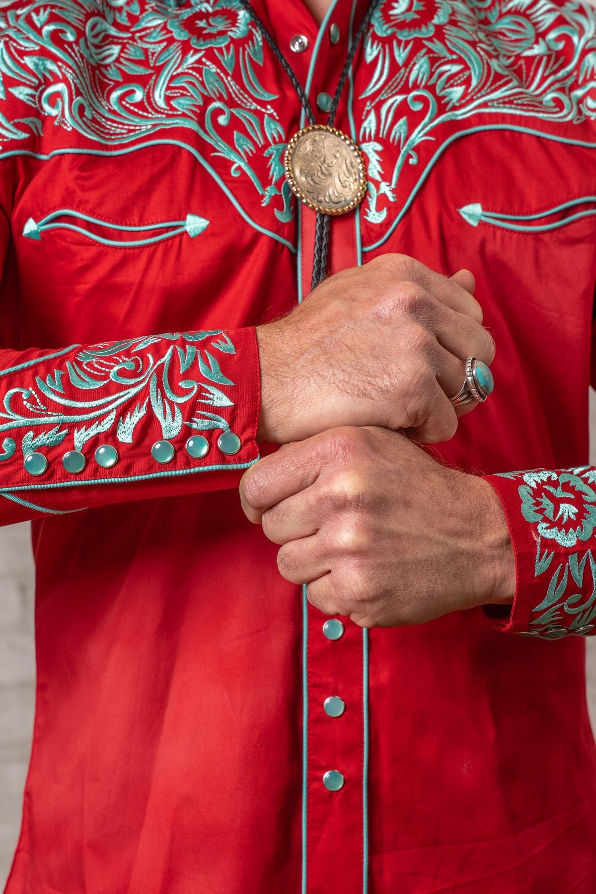 Men's Vintage Coral and Turquoise Tooling Embroidered Western Shirt by Rockmount Ranch Wear with fringe