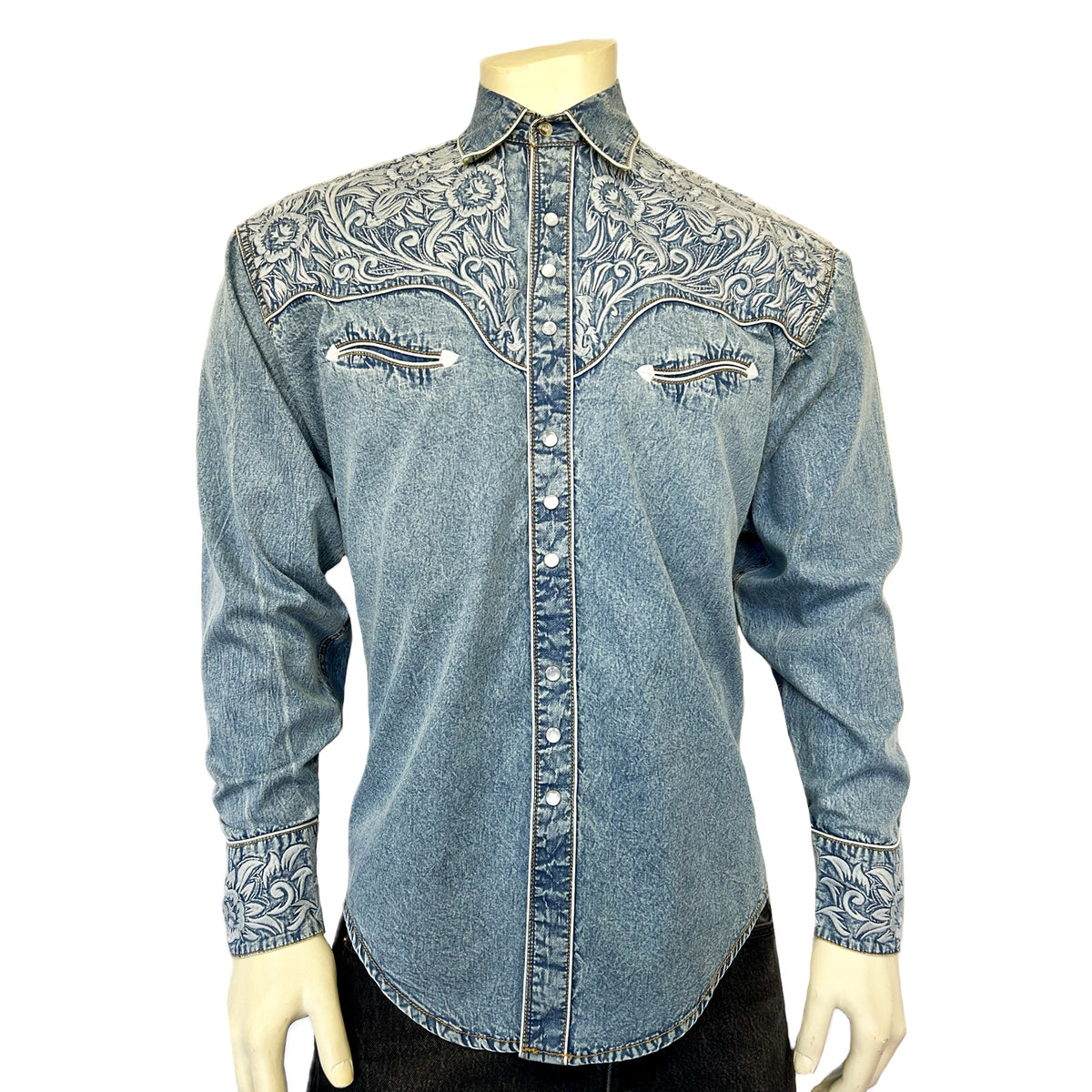 Men's Vintage Denim & Blue Tooling Embroidered  Western Shirt - Rockmount