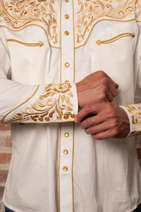Men's Vintage Ivory and Gold Tooling Embroidered Western Shirt by Rockmount Ranch Wear with floral embroidery