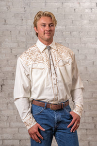 Men's Vintage Ivory and Tan Tooling Embroidery Western Shirt by Rockmount Ranch Wear with embroidered floral yoke