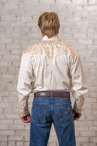 Men's Vintage Ivory and Tan Tooling Embroidery Western Shirt by Rockmount Ranch Wear with western shirt snaps