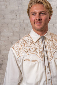 Men's Vintage Ivory and Tan Tooling Embroidery Western Shirt by Rockmount Ranch Wear with embroidered floral yoke