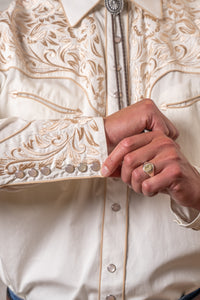 Men's Vintage Ivory and Tan Tooling Embroidery Western Shirt by Rockmount Ranch Wear with embroidered floral snaps