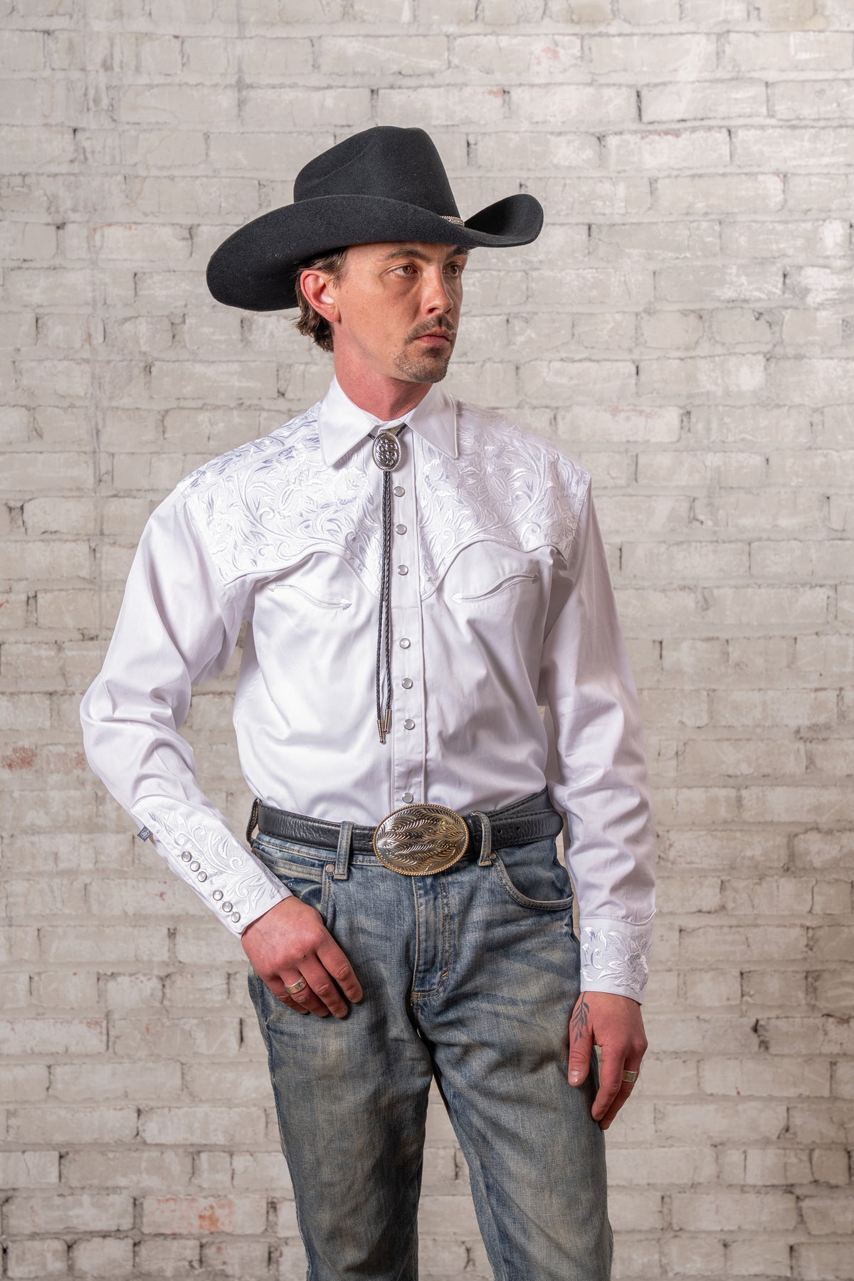 Men's Vintage White-on-White Tooling Embroidered Western Shirt by Rockmount Ranch Wear with floral embroidery