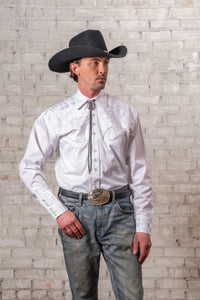 Men's Vintage White-on-White Tooling Embroidered Western Shirt by Rockmount Ranch Wear with floral embroidery