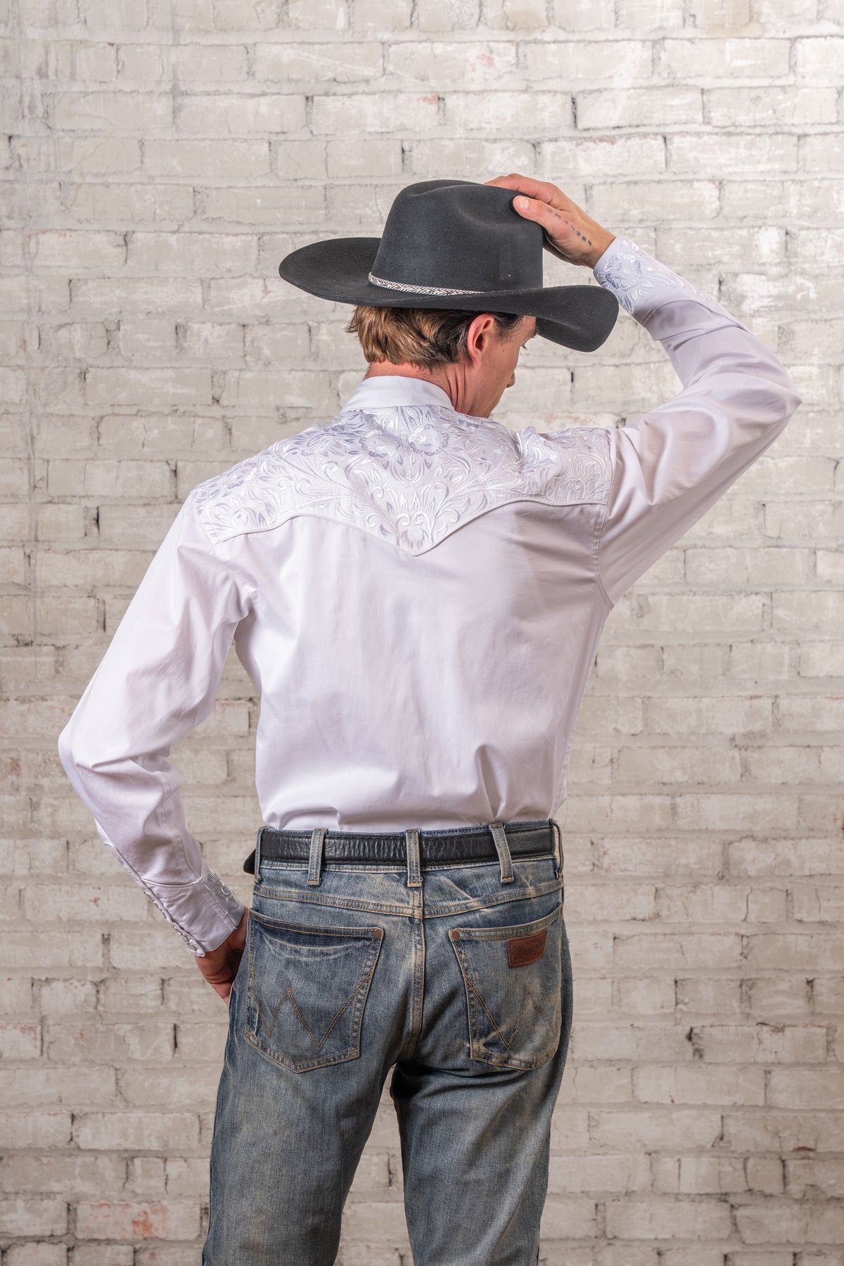 Men's Vintage White-on-White Tooling Embroidered Western Shirt by Rockmount Ranch Wear with floral embroidery