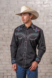 Men's Black Native pattern embroidered western shirt by Rockmount Ranch Wear with fringe floral motifs