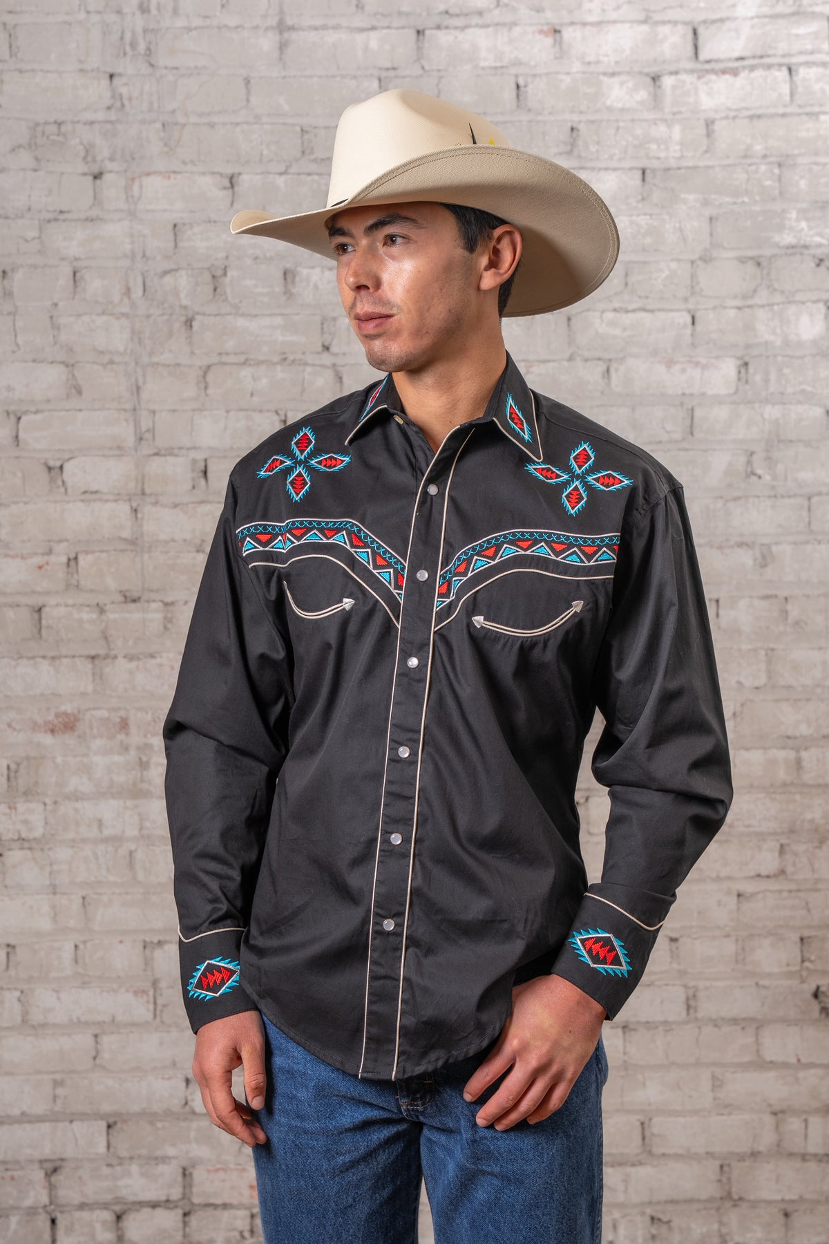 Men's Black Native pattern embroidered western shirt by Rockmount Ranch Wear with fringe floral motifs