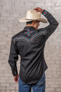 Men's Black Native Pattern Embroidered Western Shirt by Rockmount Ranch Wear with embroidered native motifs