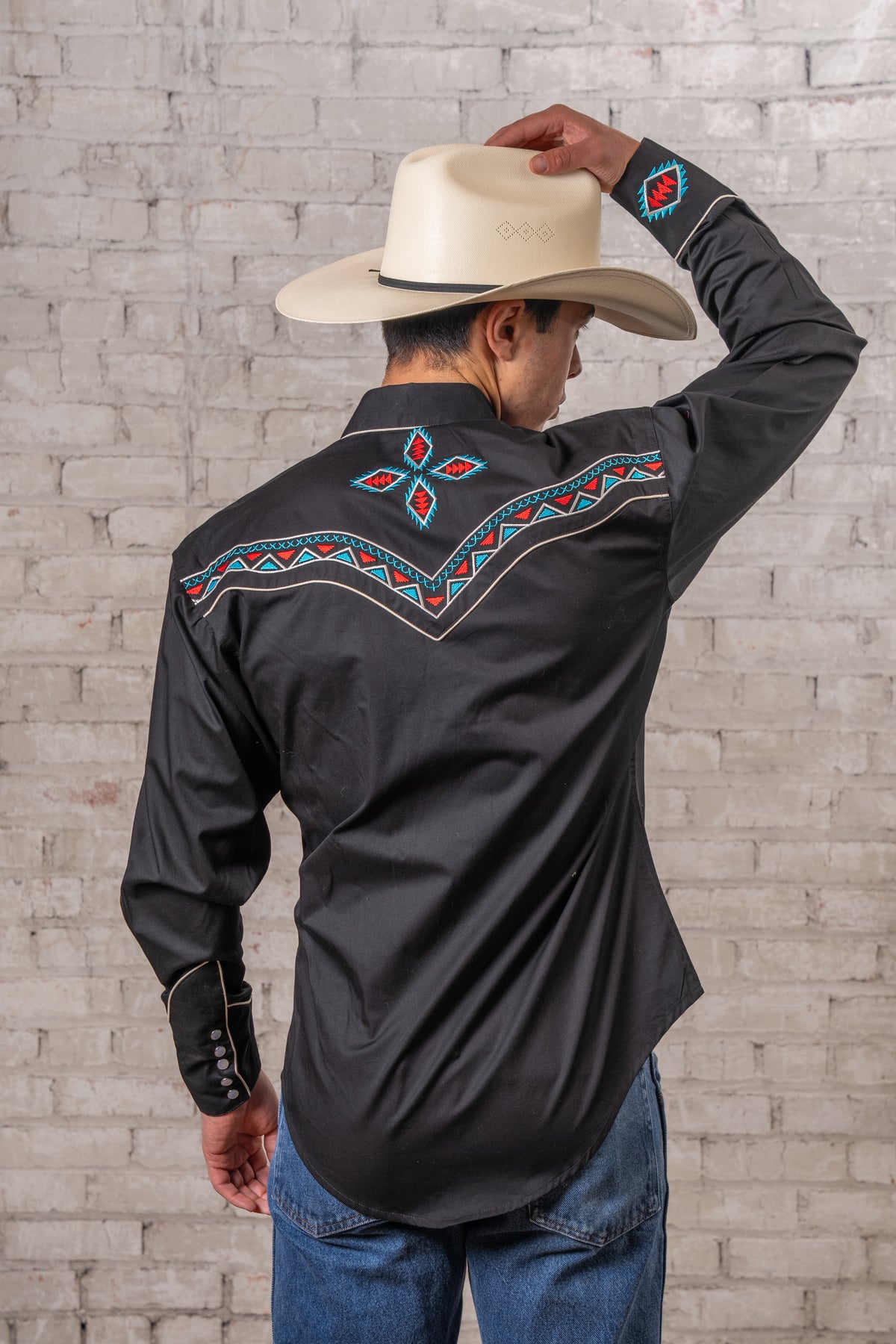 Men's Black Native Pattern Embroidered Western Shirt by Rockmount Ranch Wear with embroidered native motifs