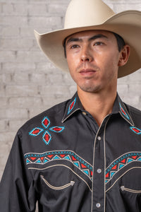 Men's Black Native Pattern Embroidered Western Shirt by Rockmount Ranch Wear with vintage embroidered motifs