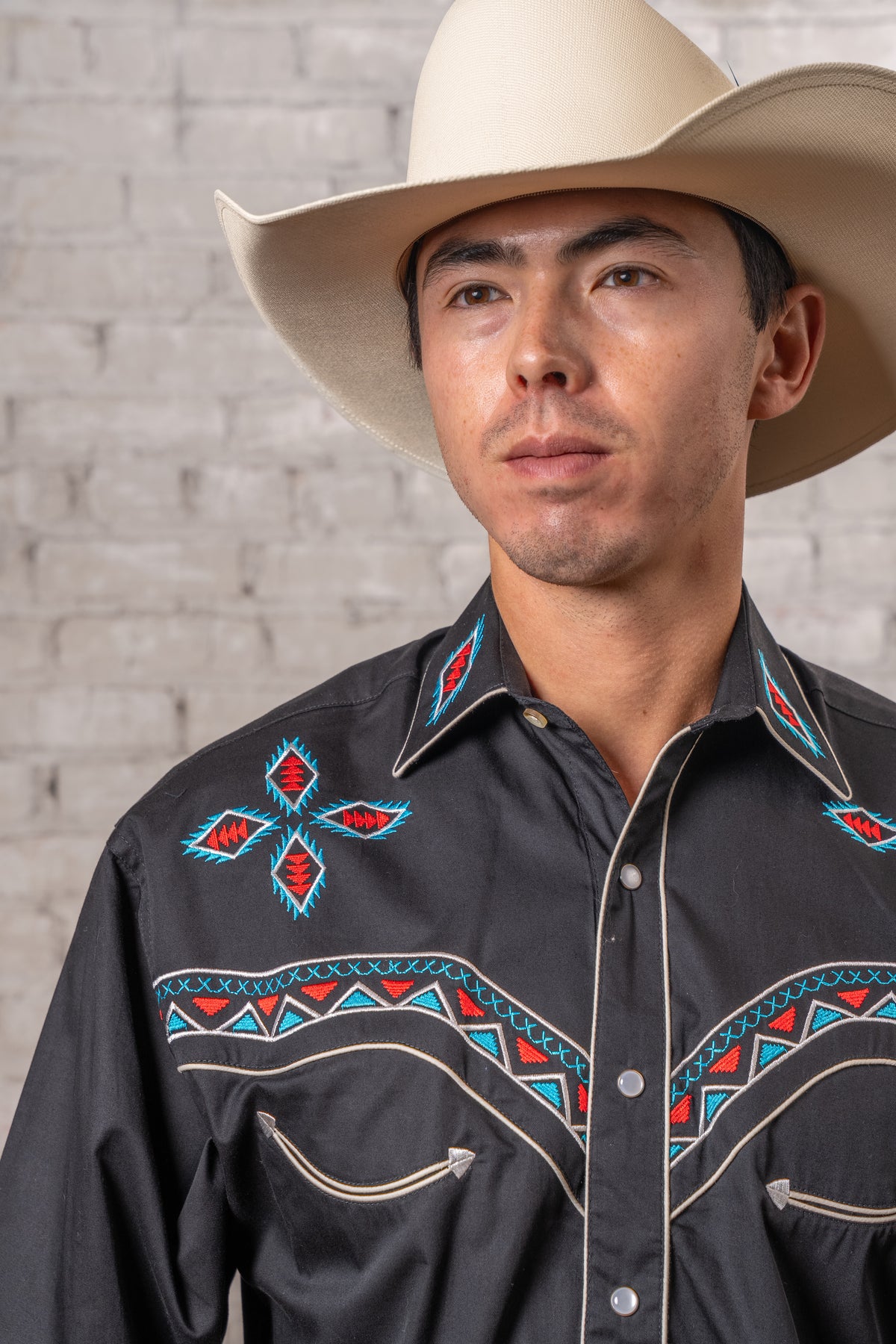 Men's Black Native Pattern Embroidered Western Shirt by Rockmount Ranch Wear with vintage embroidered motifs