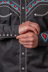 Men's Black Native Pattern Embroidered Western Shirt by Rockmount Ranch Wear with embroidered western shirt snaps