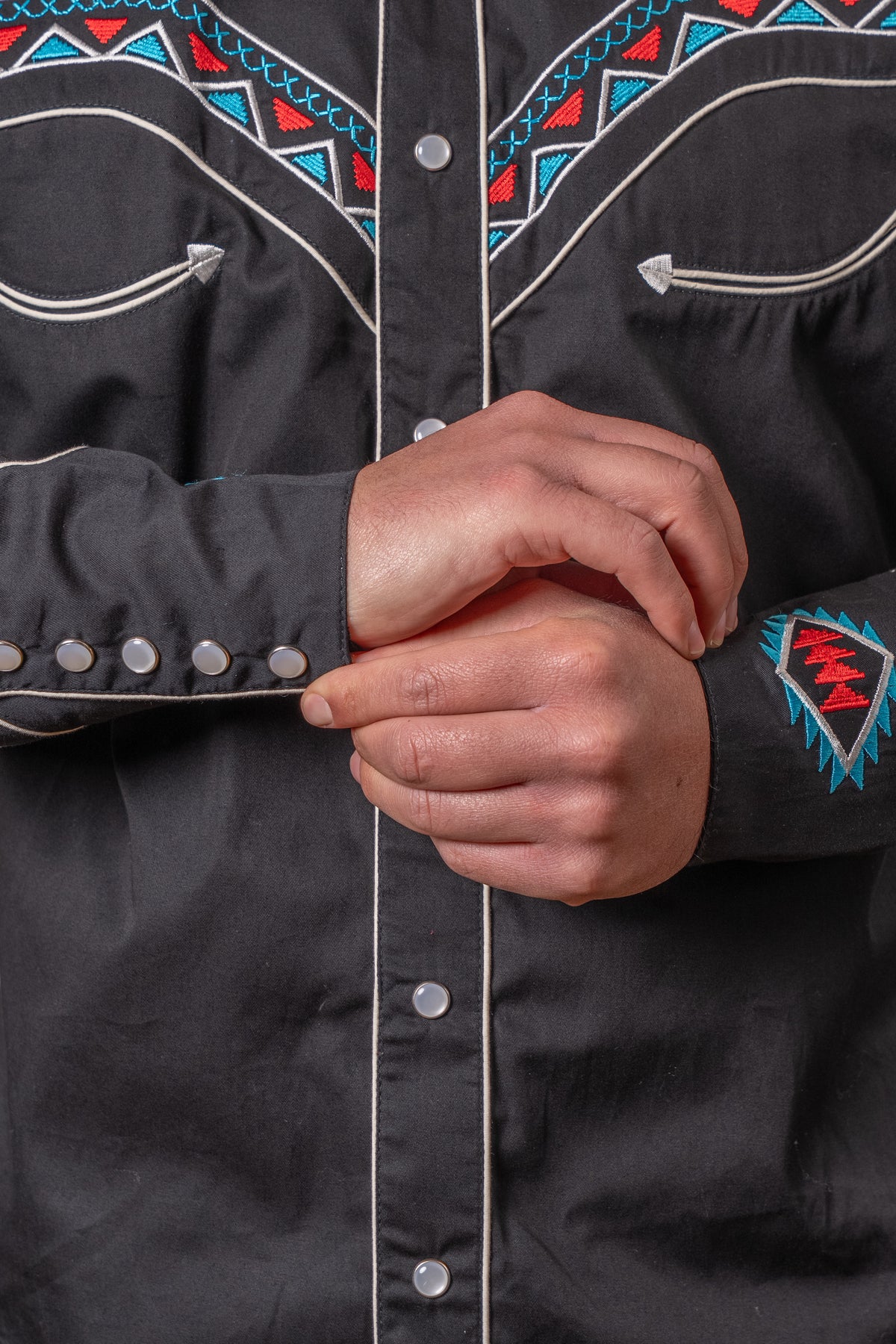 Men's Black Native Pattern Embroidered Western Shirt by Rockmount Ranch Wear with embroidered western shirt snaps