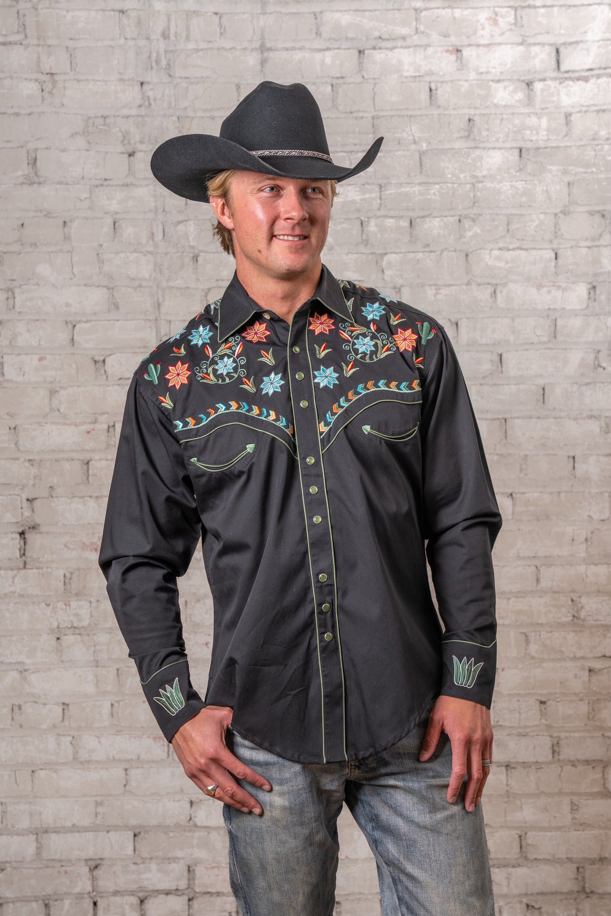 Men's Black Agave Cactus Floral Embroidered Western Shirt by Rockmount Ranch Wear with embroidered fringe