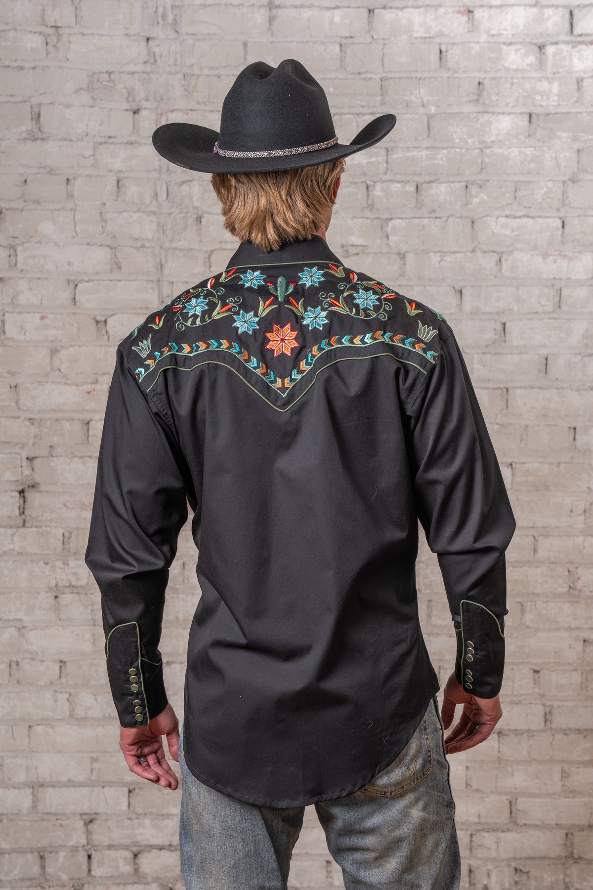 Men's Black Agave Cactus Floral Embroidered Western Shirt by Rockmount Ranch Wear, vintage western shirt with fringe