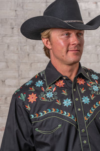 Men's Black Agave Cactus Floral Embroidered Western Shirt Rockmount Ranch Wear vintage embroidered western shirt