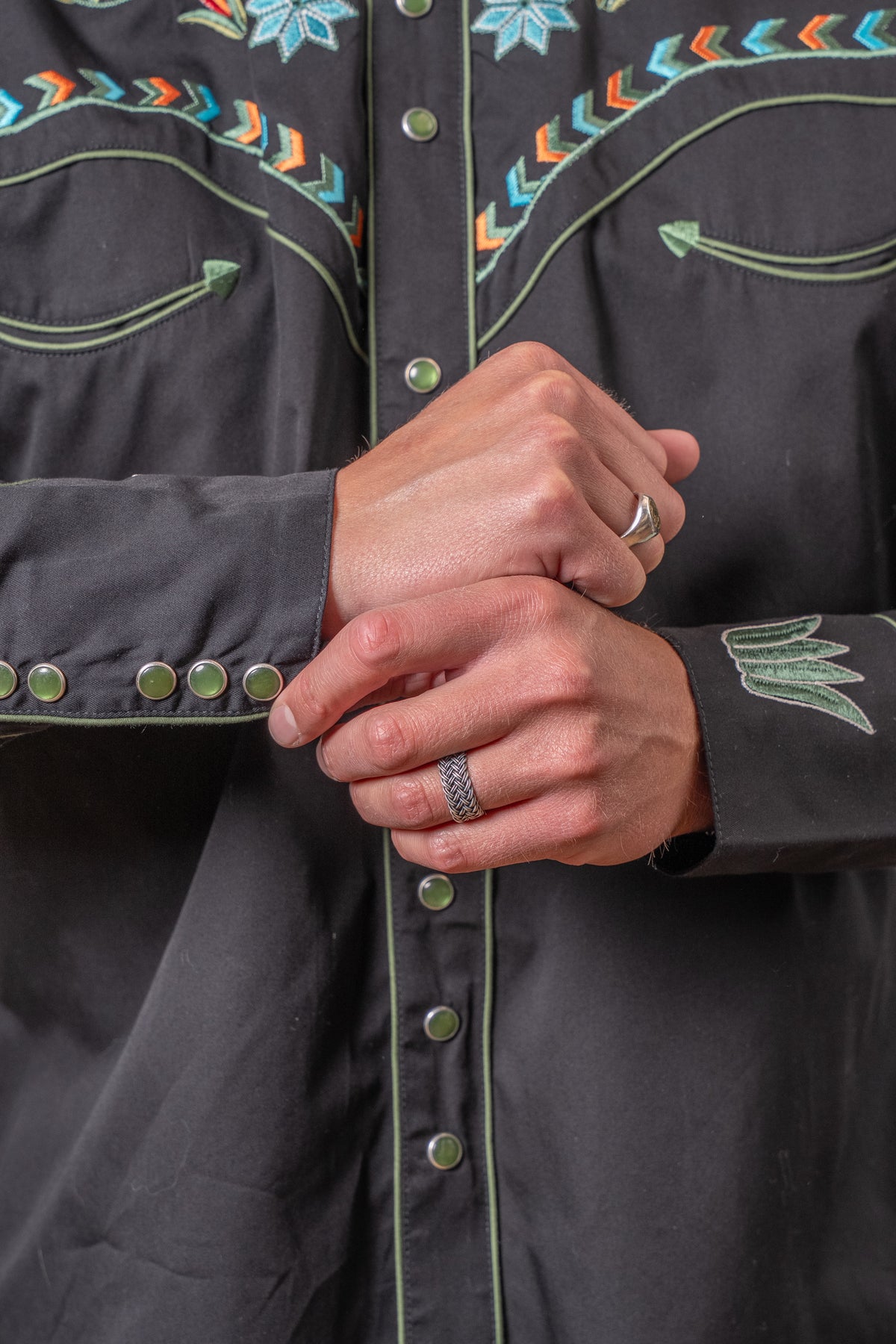 Men's Black Agave Cactus Floral Embroidered Western Shirt by Rockmount Ranch Wear with snaps and fringe