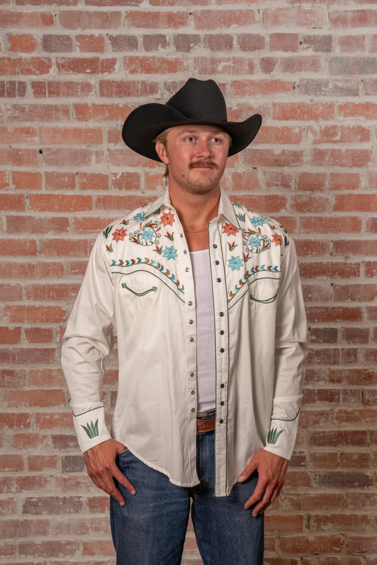 Men's Ivory Agave Cactus Floral Embroidered Western Shirt by Rockmount Ranch Wear with cactus and floral embroidery