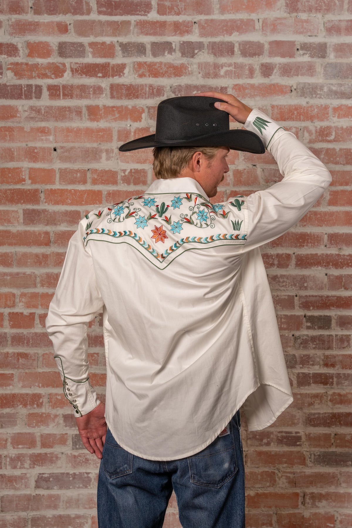 Men's Ivory Agave Cactus Floral Embroidered Western Shirt by Rockmount Ranch Wear, vintage floral embroidery