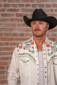 Men's Ivory Agave Cactus Floral Embroidered Western Shirt by Rockmount Ranch Wear with embroidered floral details