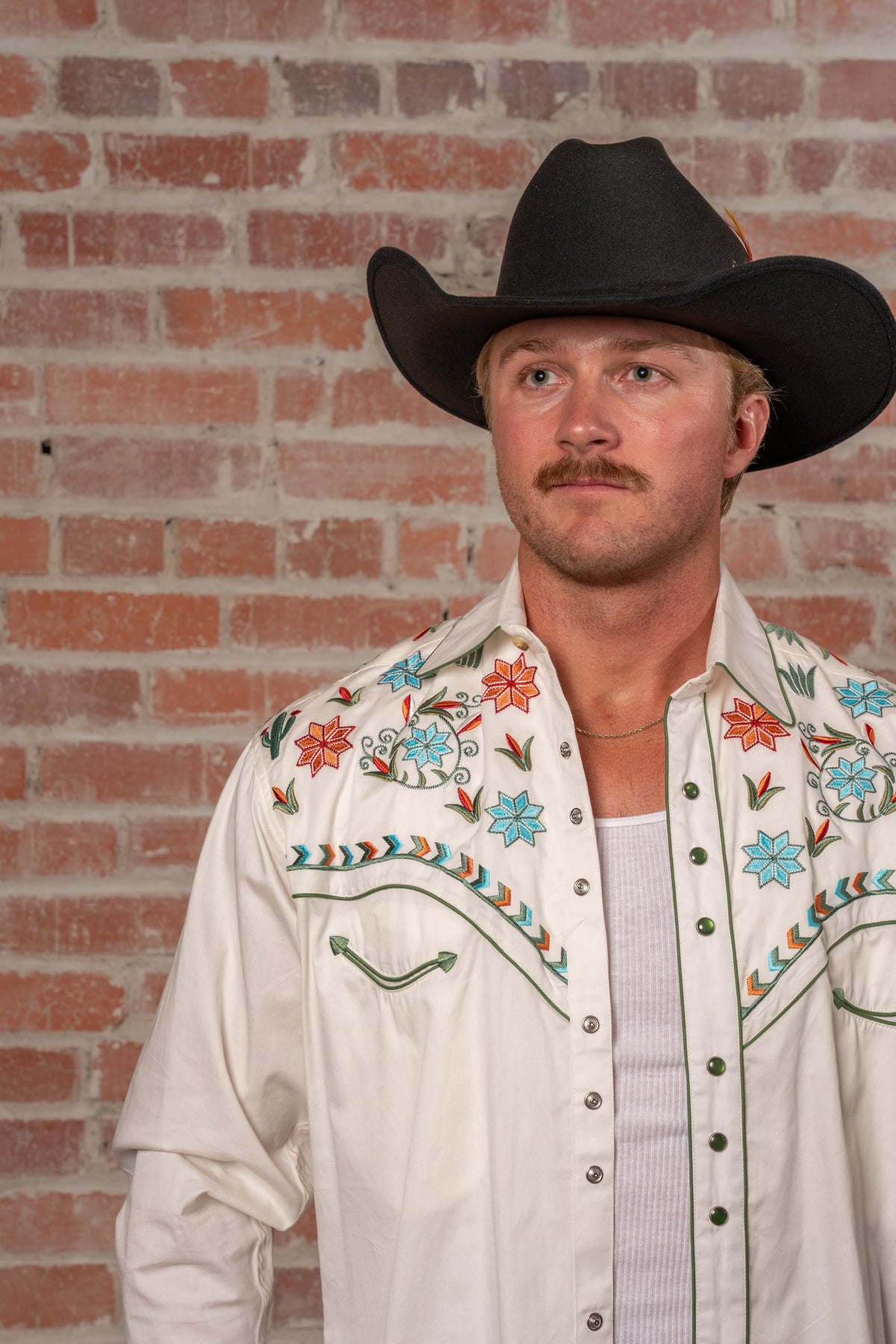 Men's Ivory Agave Cactus Floral Embroidered Western Shirt by Rockmount Ranch Wear with embroidered floral details