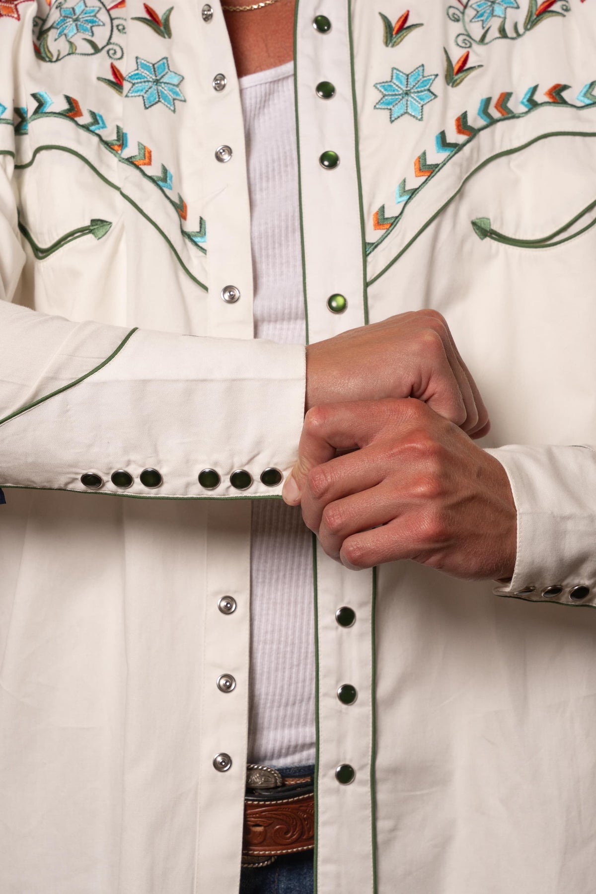 Men's Ivory Agave Cactus Floral Embroidered Western Shirt by Rockmount Ranch Wear with snap buttons