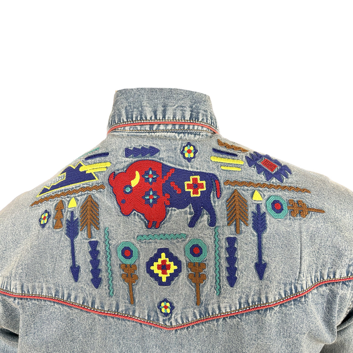 Men's American Bison Denim Embroidered Western Shirt by Rockmount Ranch Wear in vintage denim with floral cactus embroidery