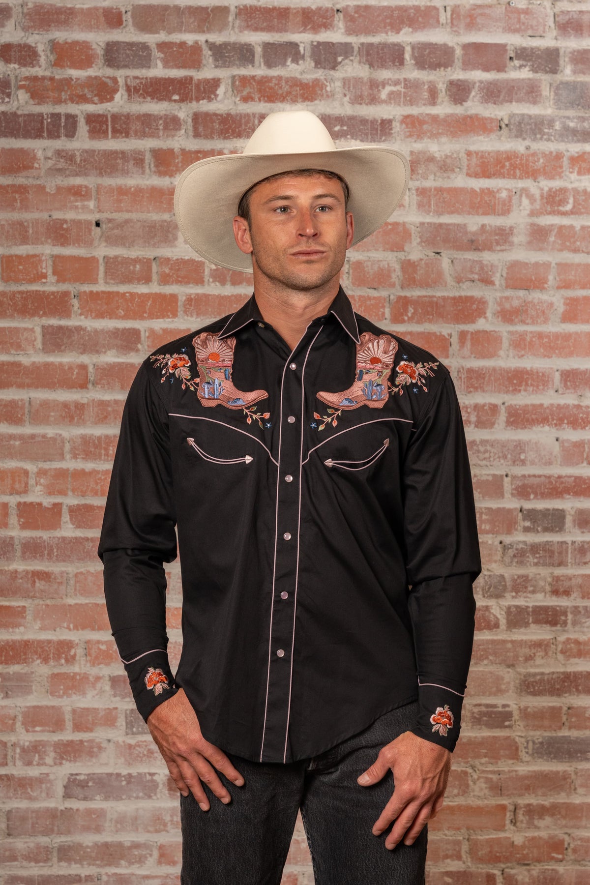 Men's Black Sunrise Boot and Floral Embroidered Western Shirt by Rockmount Ranch Wear with embroidered floral front