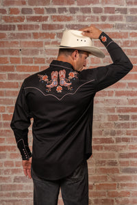 Men's Black Sunrise Boot and Floral Embroidered Western Shirt by Rockmount Ranch Wear with vintage floral embroidery
