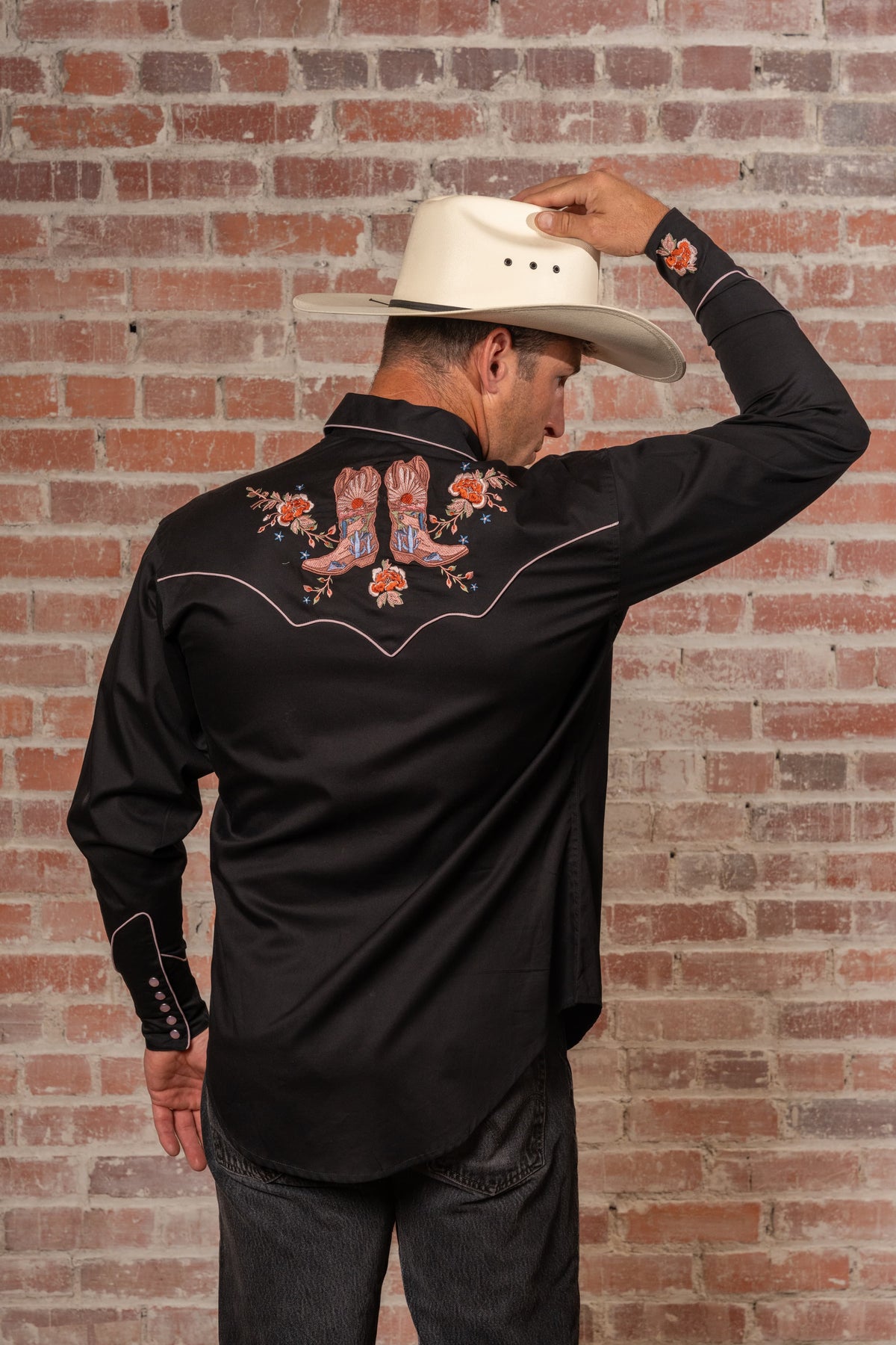 Men's Black Sunrise Boot and Floral Embroidered Western Shirt by Rockmount Ranch Wear with vintage floral embroidery