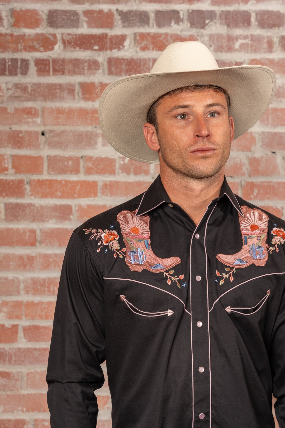 Men's Black Sunrise Boot and Floral Embroidered Western Shirt Rockmount Ranch Wear vintage embroidered western shirt