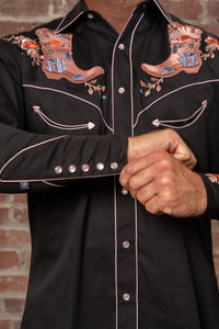 Men's Black Sunrise Boot Floral Embroidered Western Shirt by Rockmount Ranch Wear with pearl snap