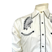Men's Ivory Gabardine Warbonnet Embroidered Western Shirt by Rockmount Ranch Wear with floral embroidered details