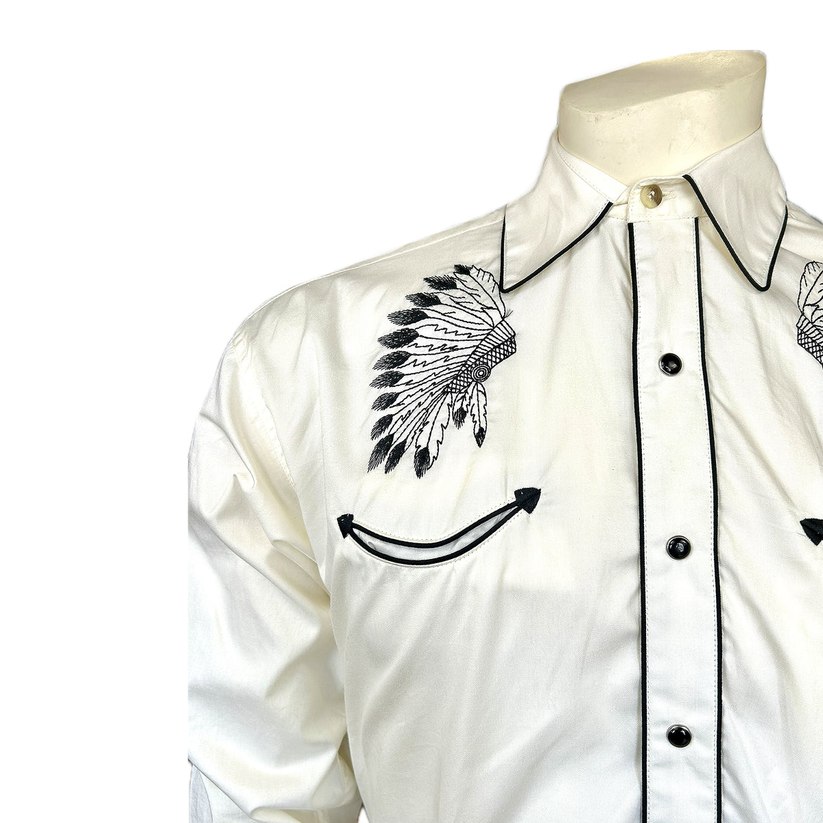 Men's Ivory Gabardine Warbonnet Embroidered Western Shirt by Rockmount Ranch Wear with floral embroidered details